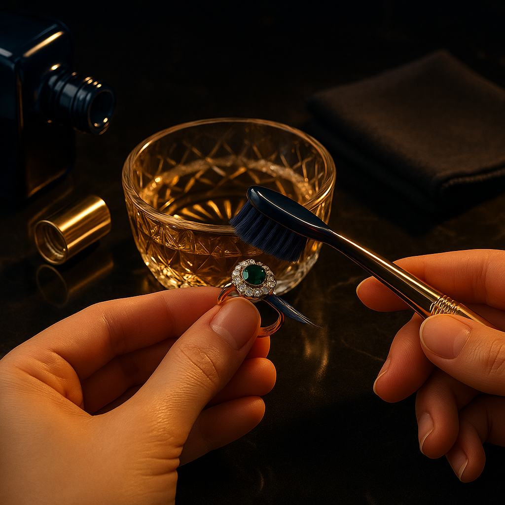 تمیز کردن انگشتر طلای ۱۸ عیار با سنگ زمرد به‌صورت لوکس و حرفه‌ای در خانه